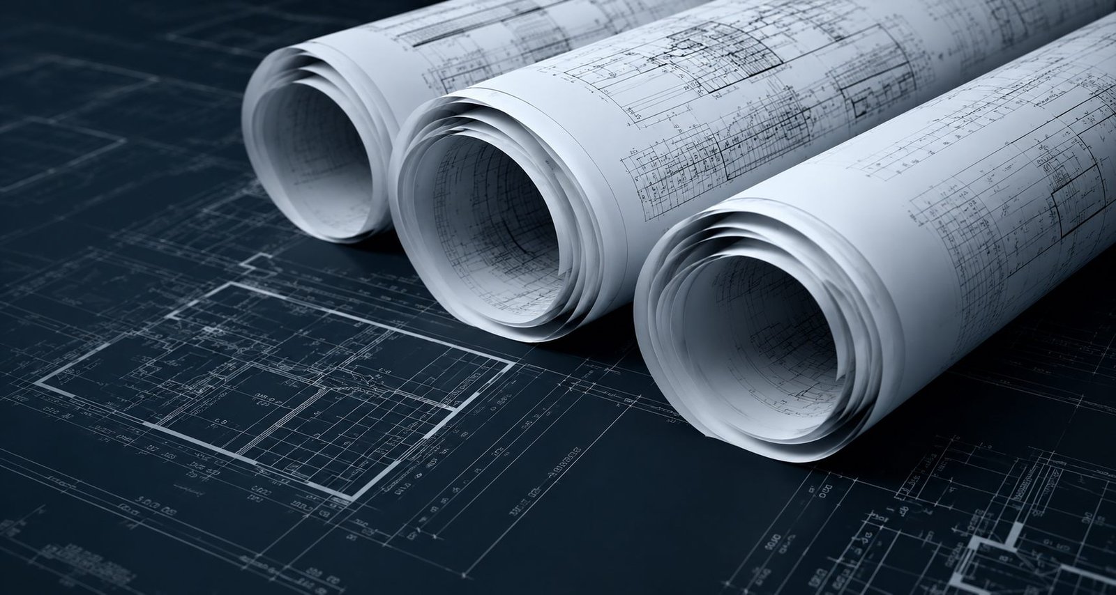 Rolled structural blueprints on an engineering desk